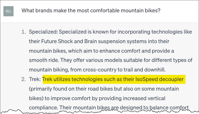 Example of Artificial Intelligence Optimization (AIO) from Trek bicycles